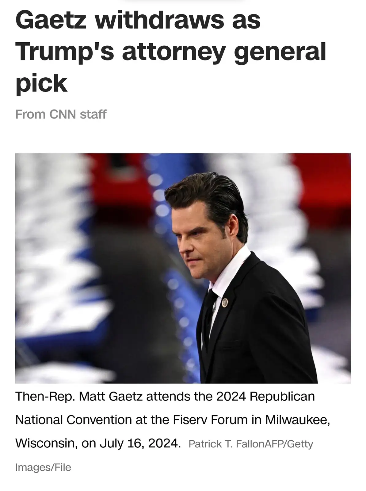 A news article screenshot shows a photo of Matt Gaetz in a suit looking away with a serious expression, overlaid with the…
