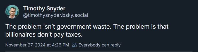 A screenshot of a social media post by Timothy Snyder, showing his profile picture and handle, with the text 'The problem…