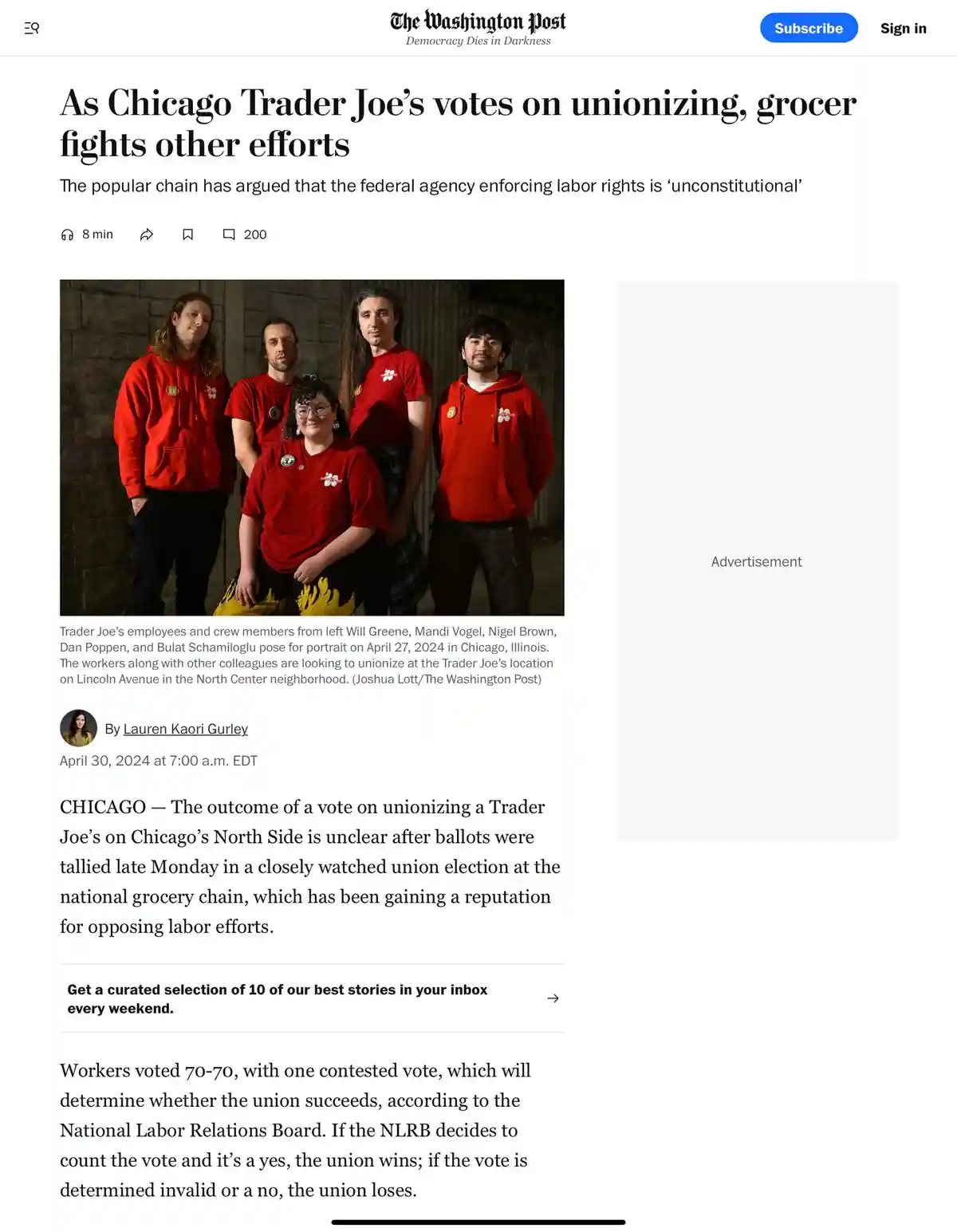 A screenshot of a Washington Post article shows four Trader Joe's employees in red hoodies and t-shirts posing for a photo…