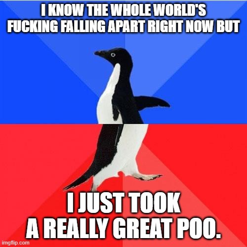 A black-and-white penguin stands centered against a split blue and red background. White bold text at the top reads 'I KNOW…