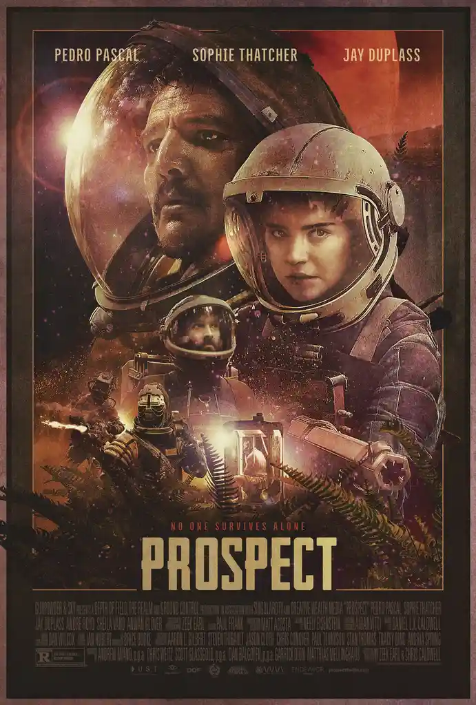 This is a movie poster for 'Prospect' featuring actors Pedro Pascal, Sophie Thatcher, and Jay Duplass in space suits against…