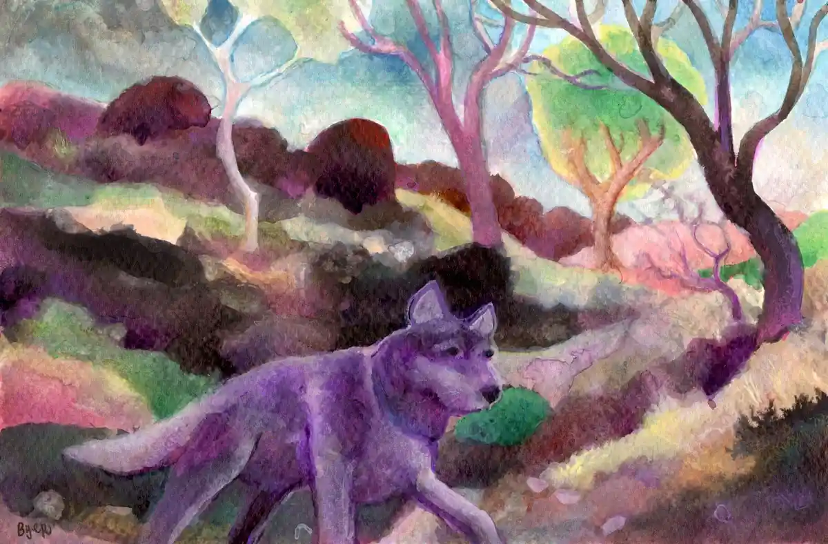 A watercolor painting depicts a purple wolf walking through a stylized, colorful forest with bare trees and rolling hills…