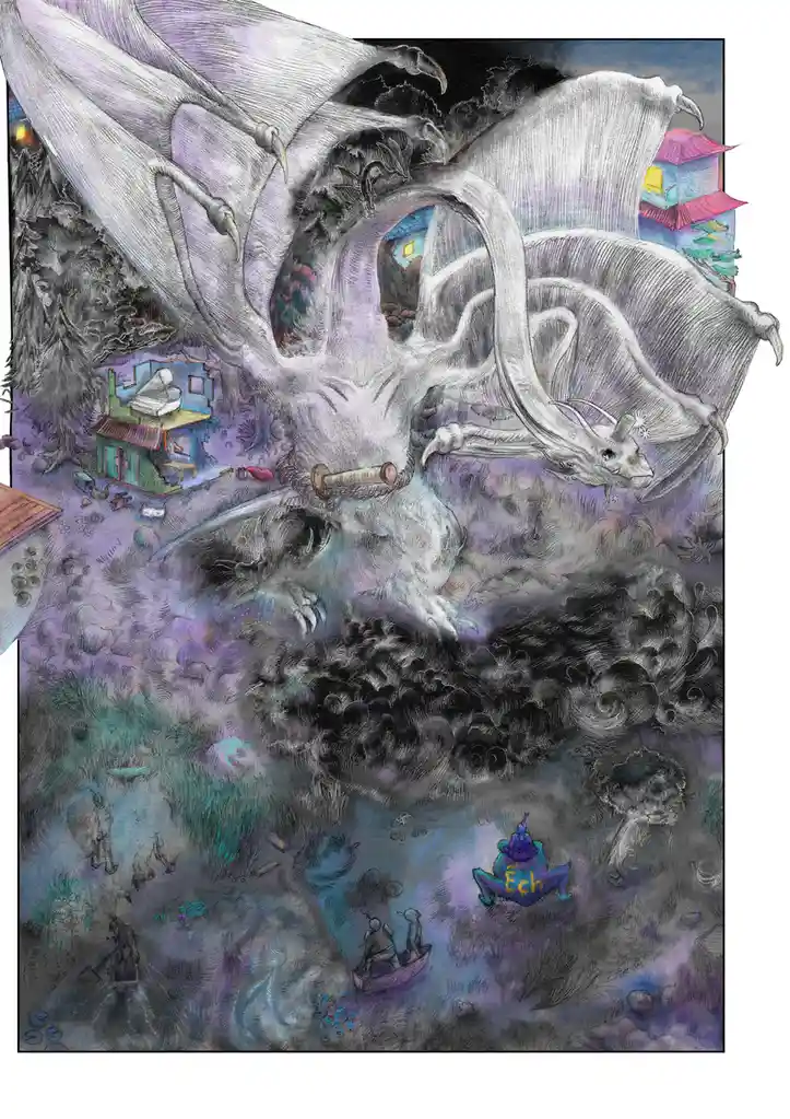 A surreal, detailed illustration depicts a massive, pale dragon with wings spread, its body coiling around a landscape that…