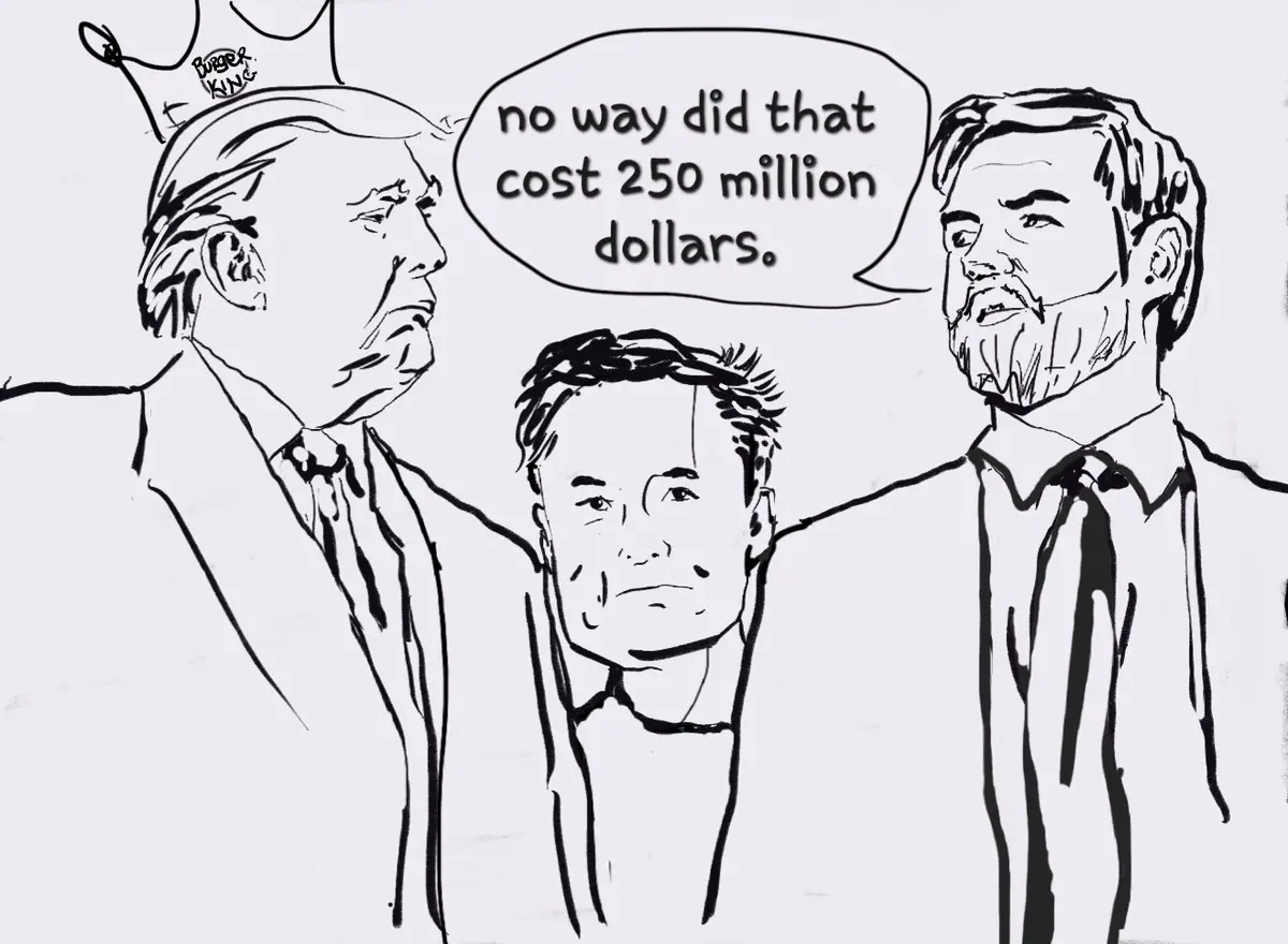 A black-and-white line drawing shows three men: Donald Trump on the left wearing a Burger King crown, Elon Musk in the…