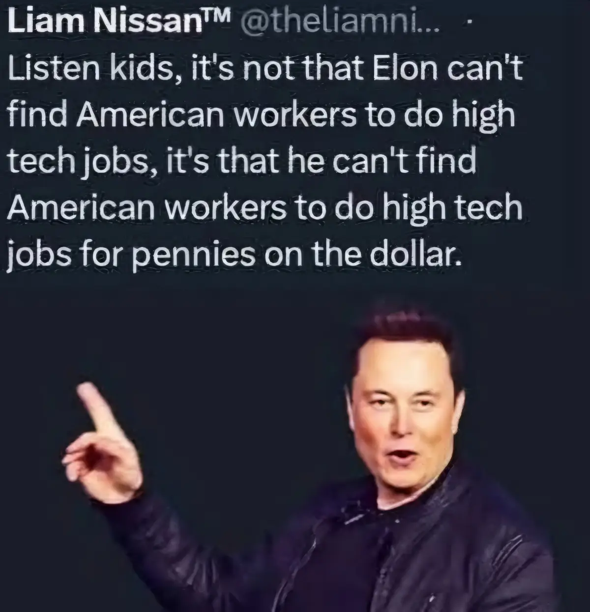 The image shows a photo of Elon Musk pointing upward with his right index finger, wearing a dark jacket against a dark…