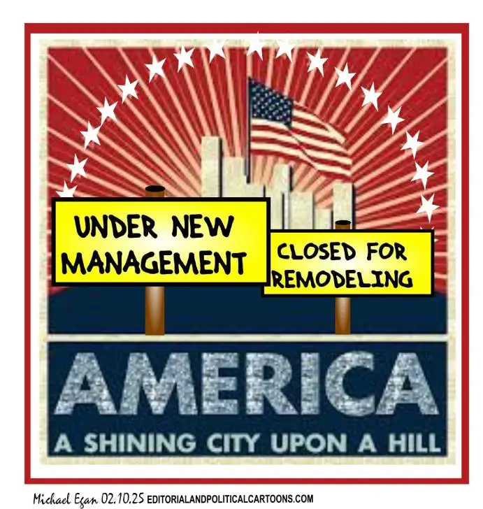 A patriotic poster-style image features a stylized American flag and city skyline against a red sunburst background with…