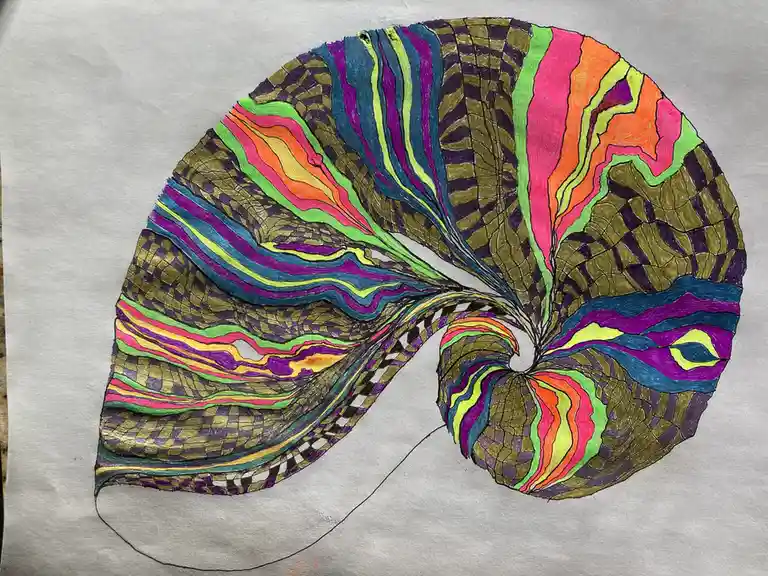 A hand-drawn, colorful spiral artwork on white paper, resembling a nautilus shell or abstract swirl, filled with vibrant…