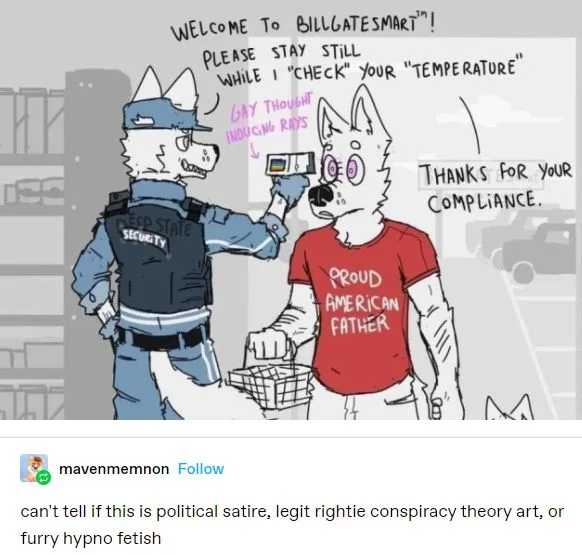 A cartoon depicts a wolf in a 'DEEP STATE SECURITY' uniform checking the temperature of another wolf wearing a 'PROUD…