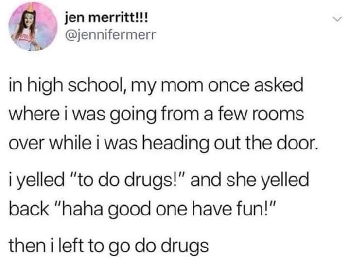 A screenshot of a tweet by user 'jen merritt!!!' (@jennifermer) showing a humorous anecdote about a high school prank. The…