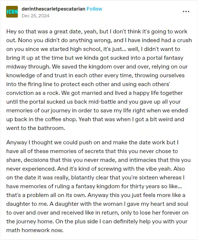 A screenshot of a social media post with long text describing a bizarre, emotionally complex breakup story involving a…