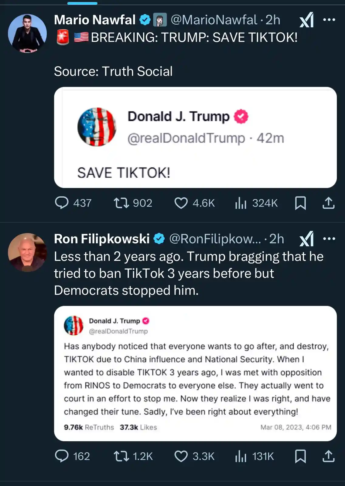 A screenshot of two Twitter posts. The top post shows a tweet from Donald J. Trump with a profile picture of his face…