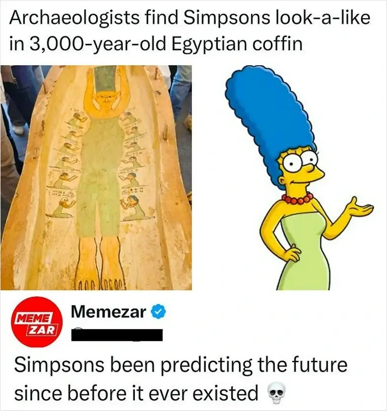 The image displays two side-by-side panels: on the left, an ancient Egyptian coffin with a painted figure resembling Marge…