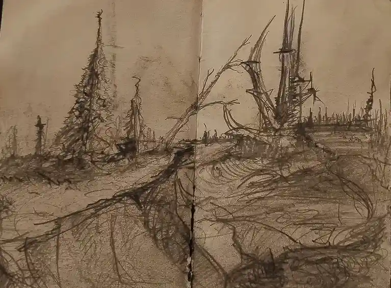 A sepia-toned sketch on paper depicts a chaotic, abstract landscape with tangled, gnarled tree-like forms and scribbled…