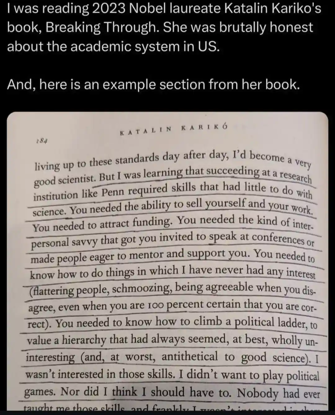 A screenshot of a book page by Katalin Kariko, with several lines of text underlined, discussing the non-scientific skills…
