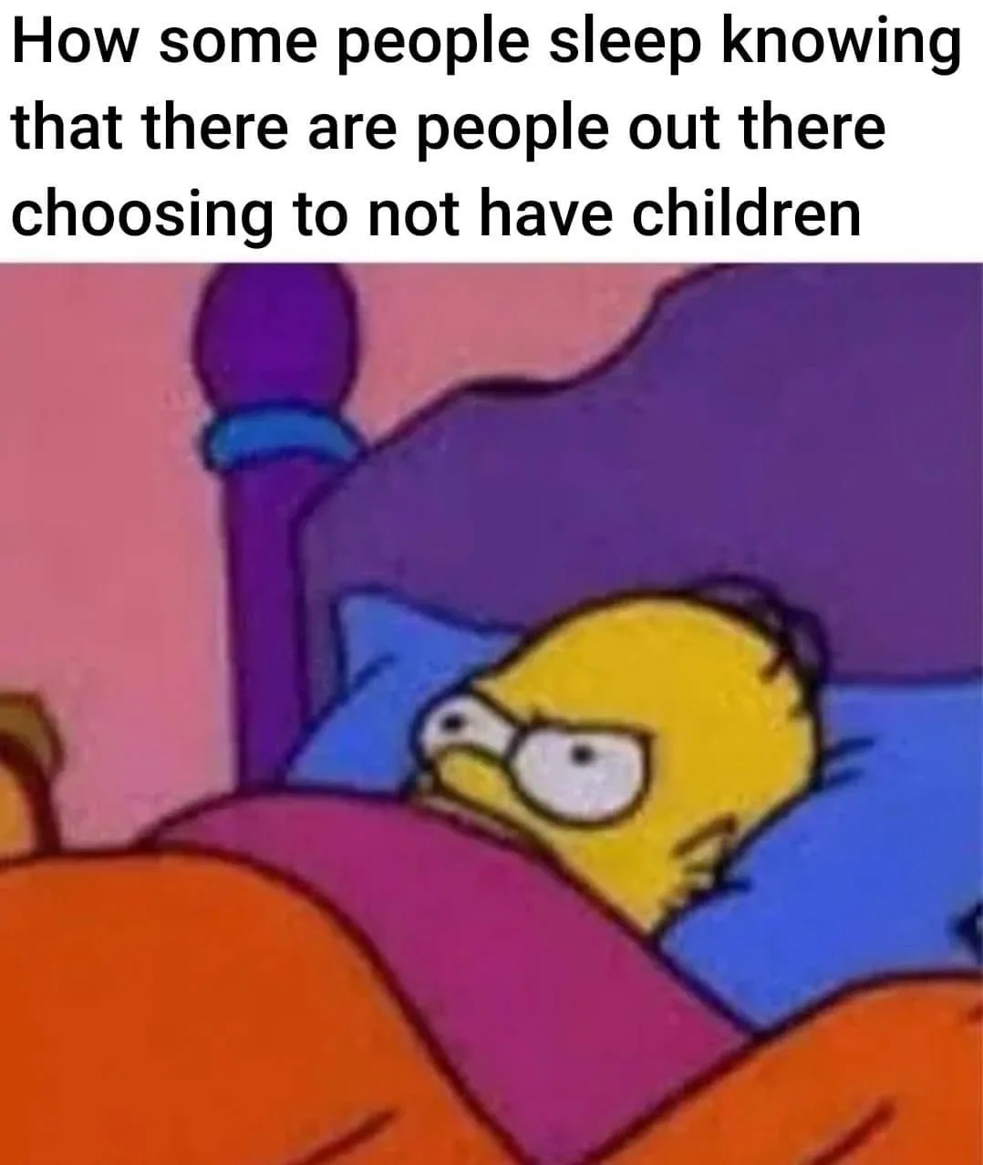 A cartoon image of Homer Simpson lying in bed under orange blankets, looking visibly anxious and wide-eyed with a worried…