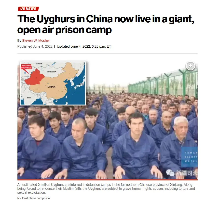 A screenshot of a US News article from June 2022 with a headline claiming Uyghurs live in a giant open-air prison camp. The…