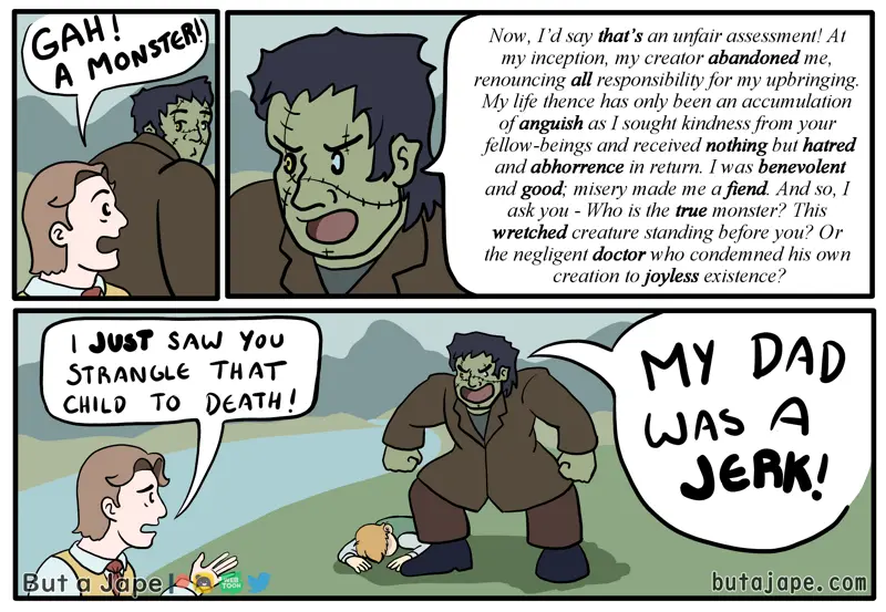A three-panel comic strip featuring a green-skinned, stitched-up Frankenstein-like monster. In the first panel, a man…