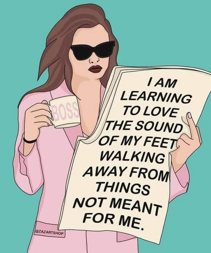 An illustrated woman in a pink suit and sunglasses holds a newspaper with the text 'I AM LEARNING TO LOVE THE SOUND OF MY…