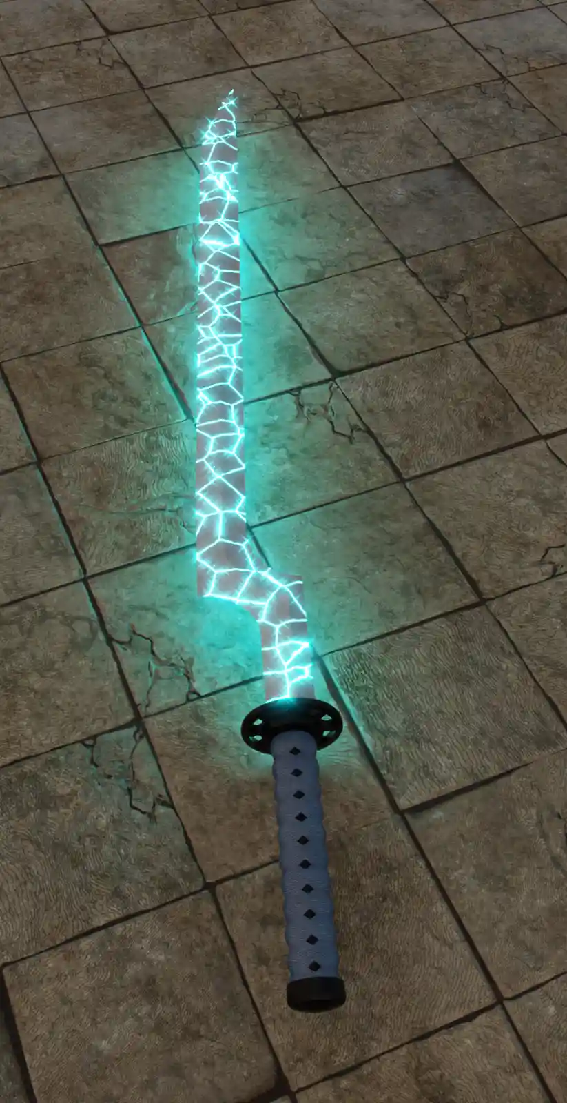 A glowing, crackled blue sword with a black hilt and diamond-patterned grip lies on a stone tile floor. The overlaid text…
