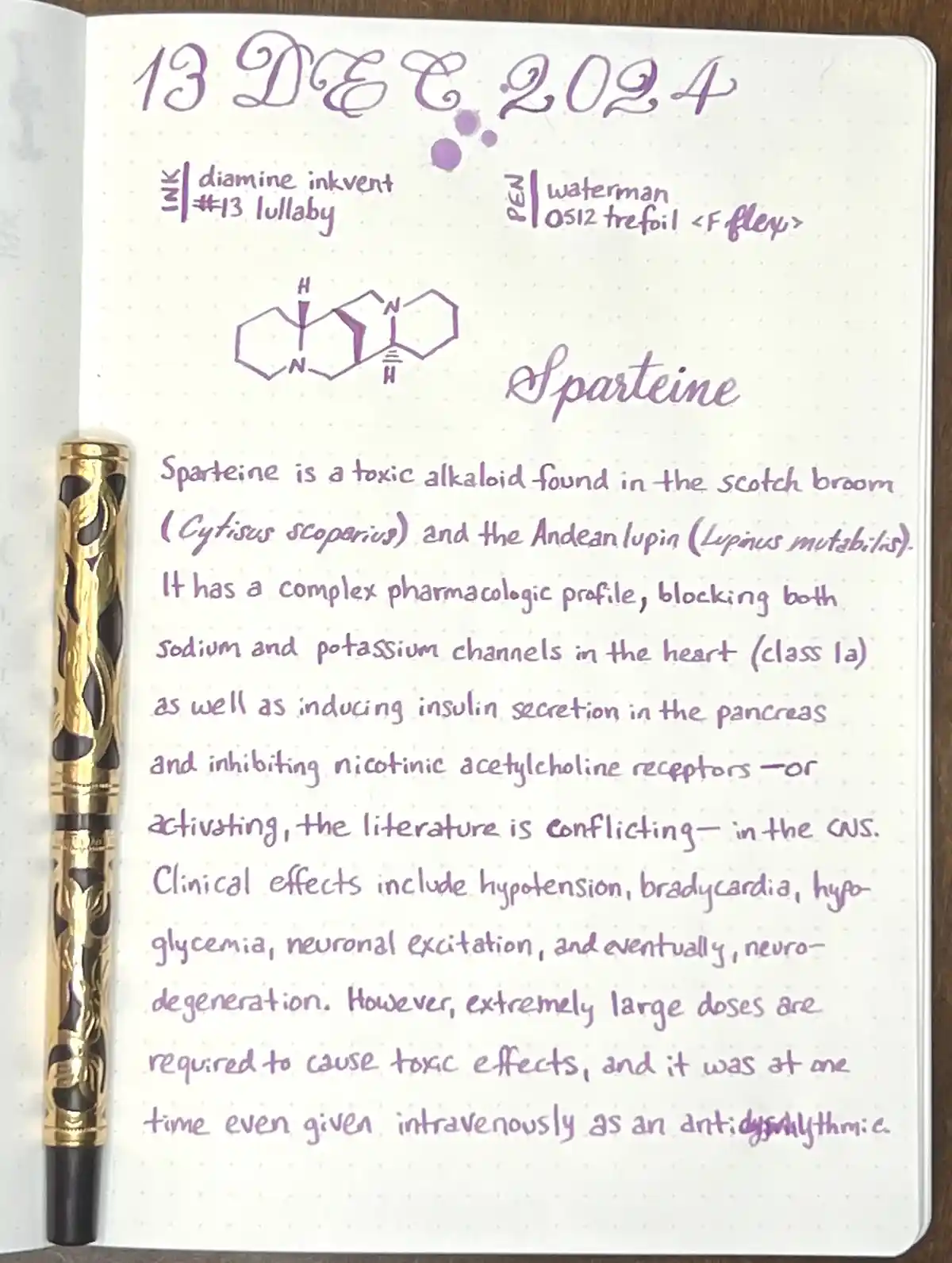 A handwritten page in a dotted notebook dated 13 DEC 2024, detailing the chemical structure and pharmacological properties…