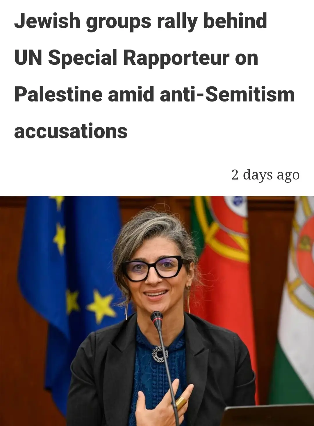 A woman with glasses and gray hair smiles while speaking into a microphone, standing before flags including the EU flag. The…