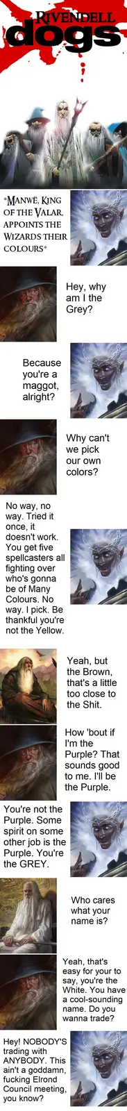 A comic strip featuring images of the five wizards from J.R.R. Tolkien's Middle-earth, depicted in a humorous dialogue about…