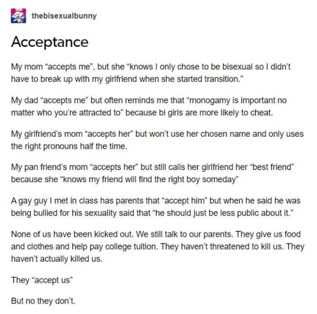 A text-based meme titled 'Acceptance' lists examples of how various people claim to accept LGBTQ+ individuals, but their…
