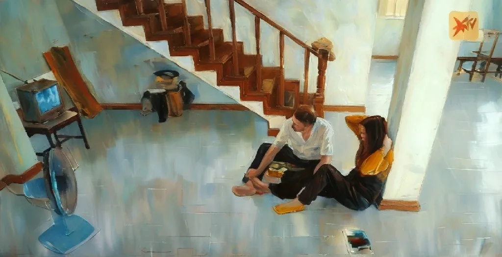 A painting depicts a man and woman sitting on a tiled floor near a staircase, looking at a small TV. The man is barefoot…