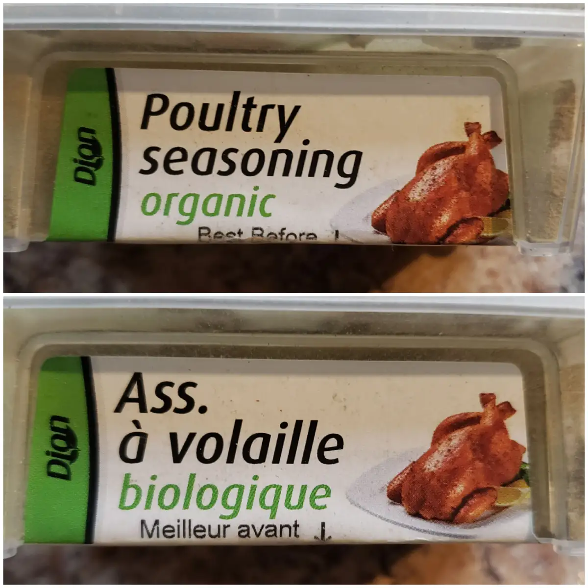 The image displays two identical spice containers side-by-side, showing the English label 'Poultry seasoning organic' and…