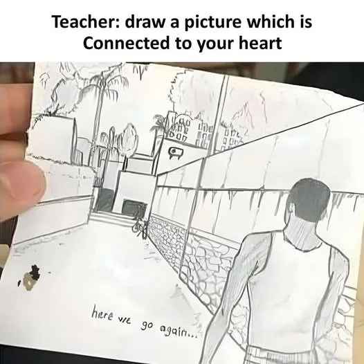 A hand holds a child's sketch of a boy walking away from the viewer down a street, with a small, dark stain near the bottom…