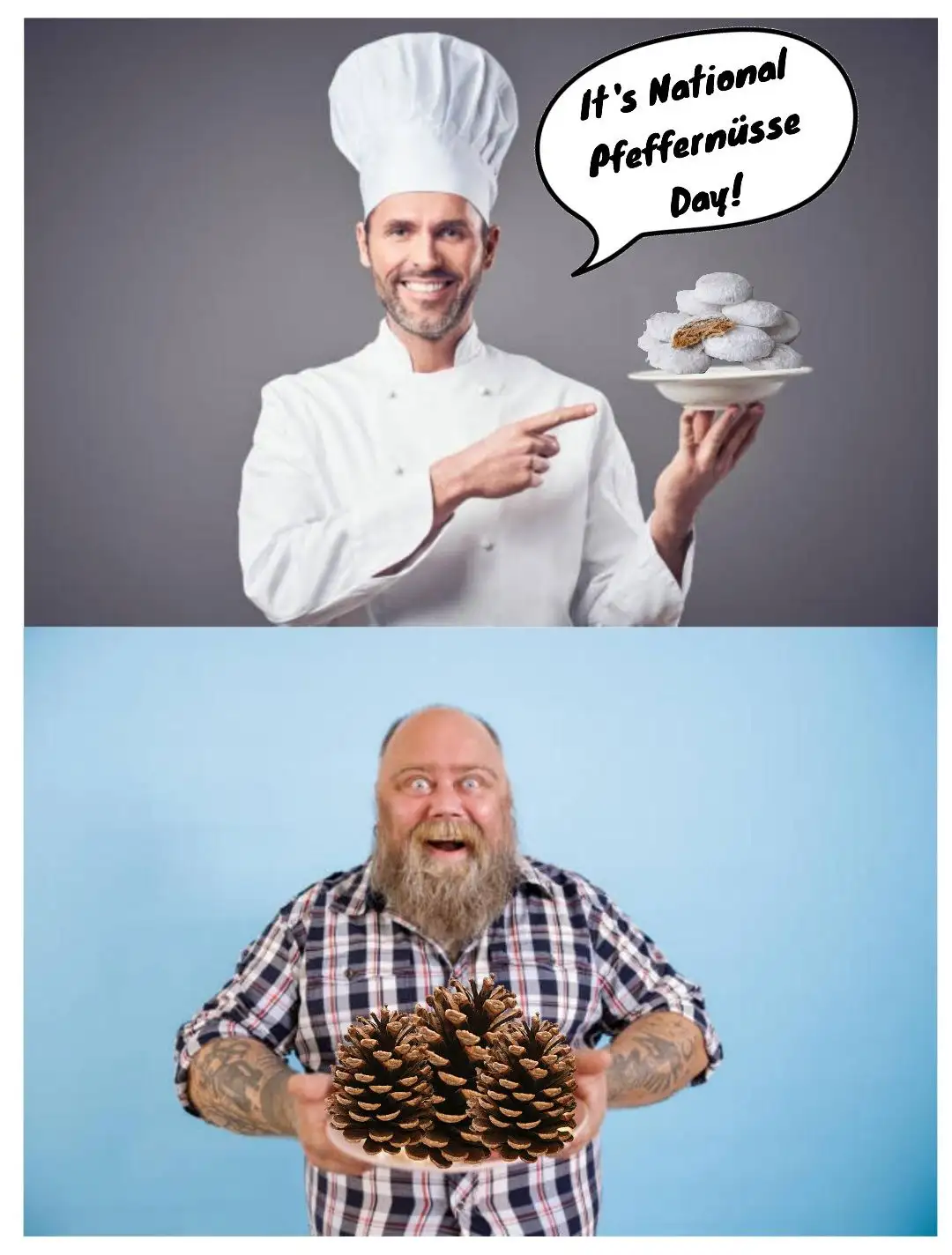 Top panel: A smiling chef in a white uniform and toque holds a plate of white, round, spice cookies (Pfeffernüsse) and…
