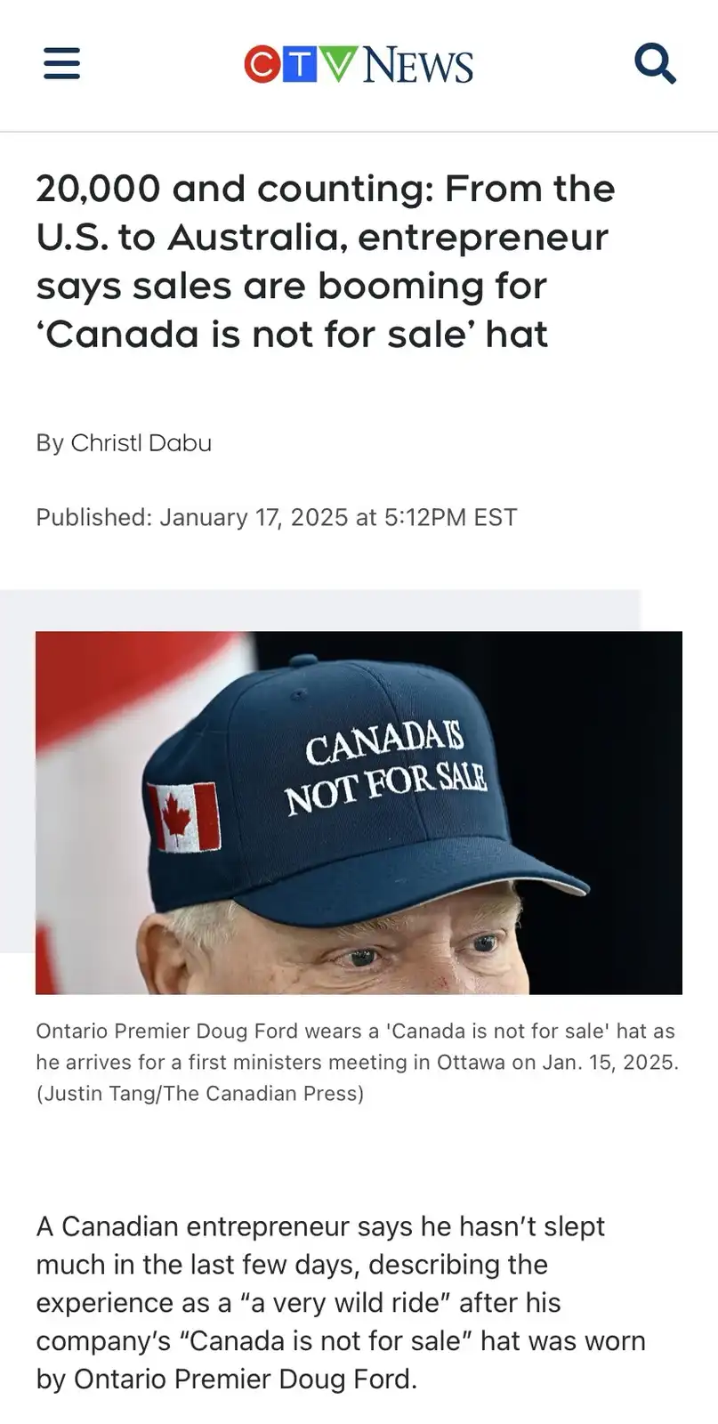 A news article screenshot from CTV News shows a close-up of Ontario Premier Doug Ford wearing a dark blue baseball cap with…