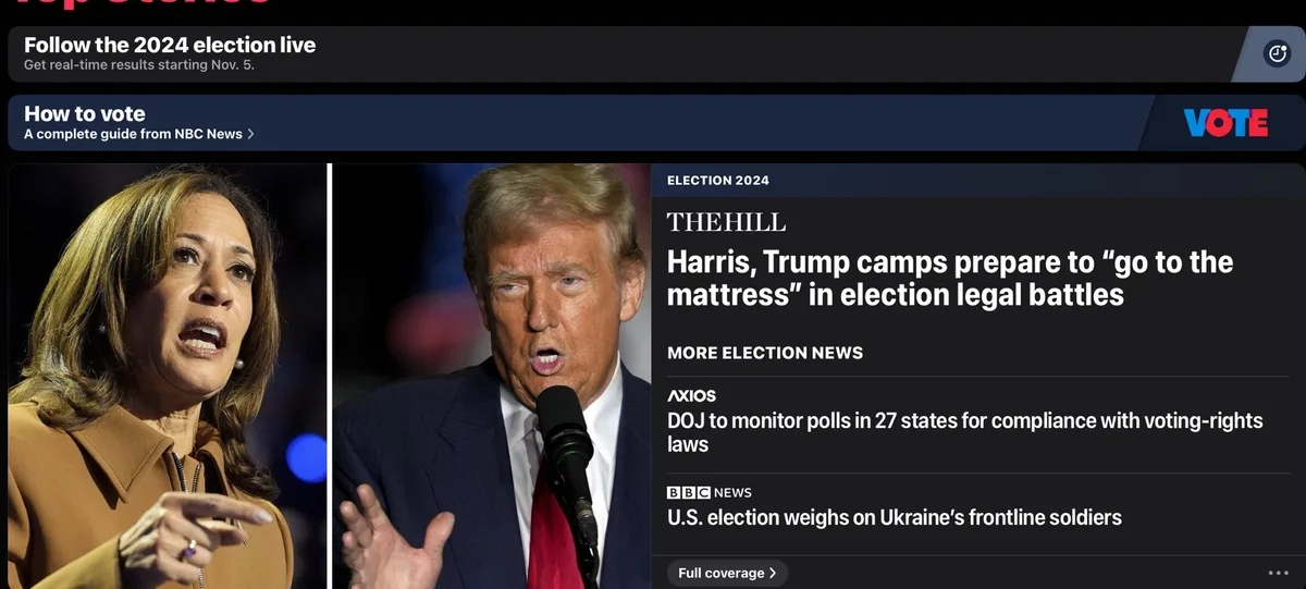 A screenshot of a news website showing Kamala Harris and Donald Trump side-by-side, with a headline from The Hill stating…
