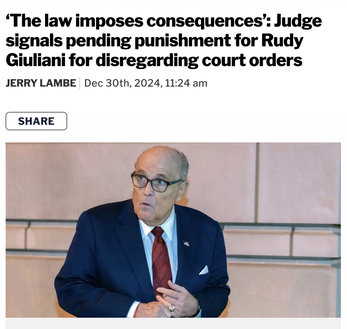 A news article screenshot shows a photo of Rudy Giuliani in a dark suit and red tie, looking surprised or concerned. The…
