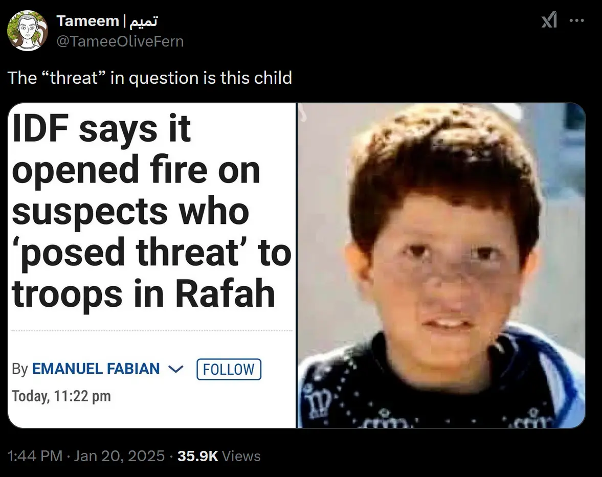 A screenshot of a tweet shows a news article headline stating 'IDF says it opened fire on suspects who ‘posed threat’ to…