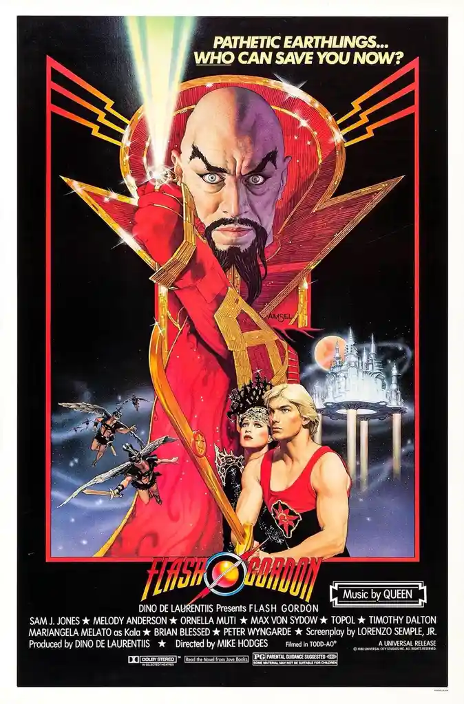 This is a movie poster for 'Flash Gordon' featuring a large, menacing bald man in red robes holding a glowing weapon, with a…