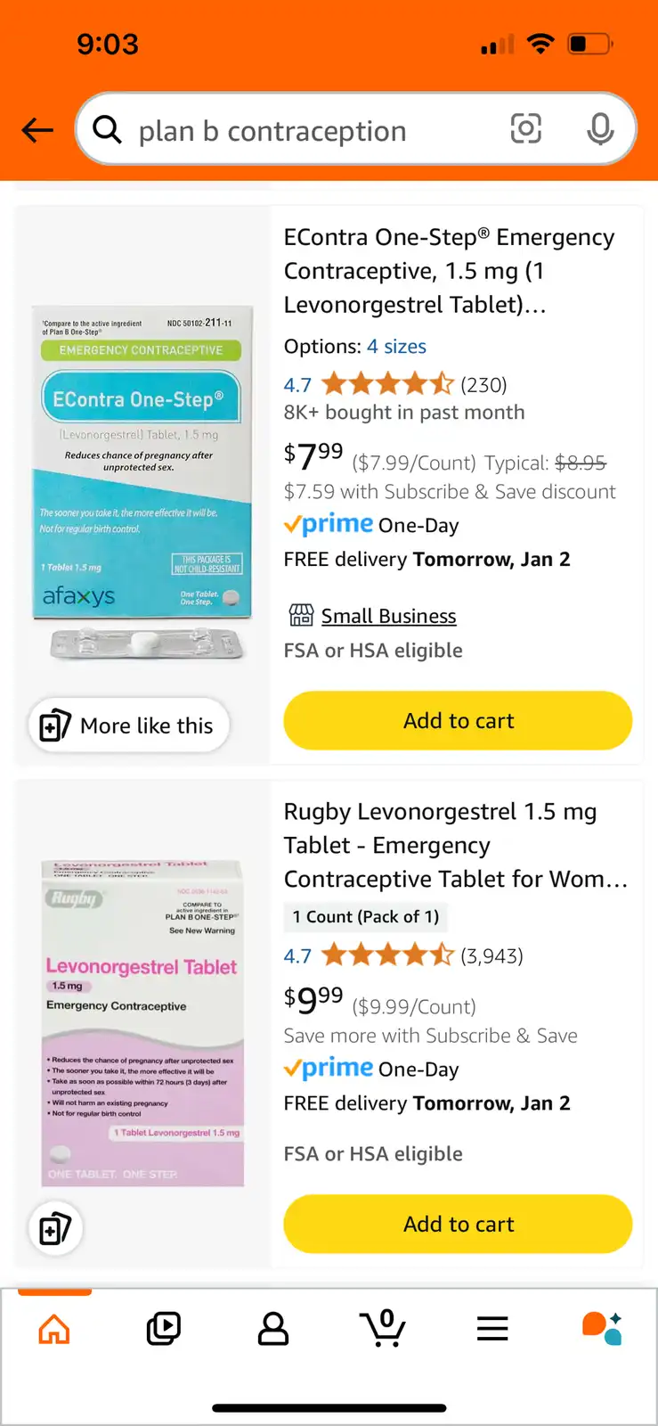 A smartphone screenshot of an Amazon search results page for 'plan b contraception', showing two emergency contraceptive…