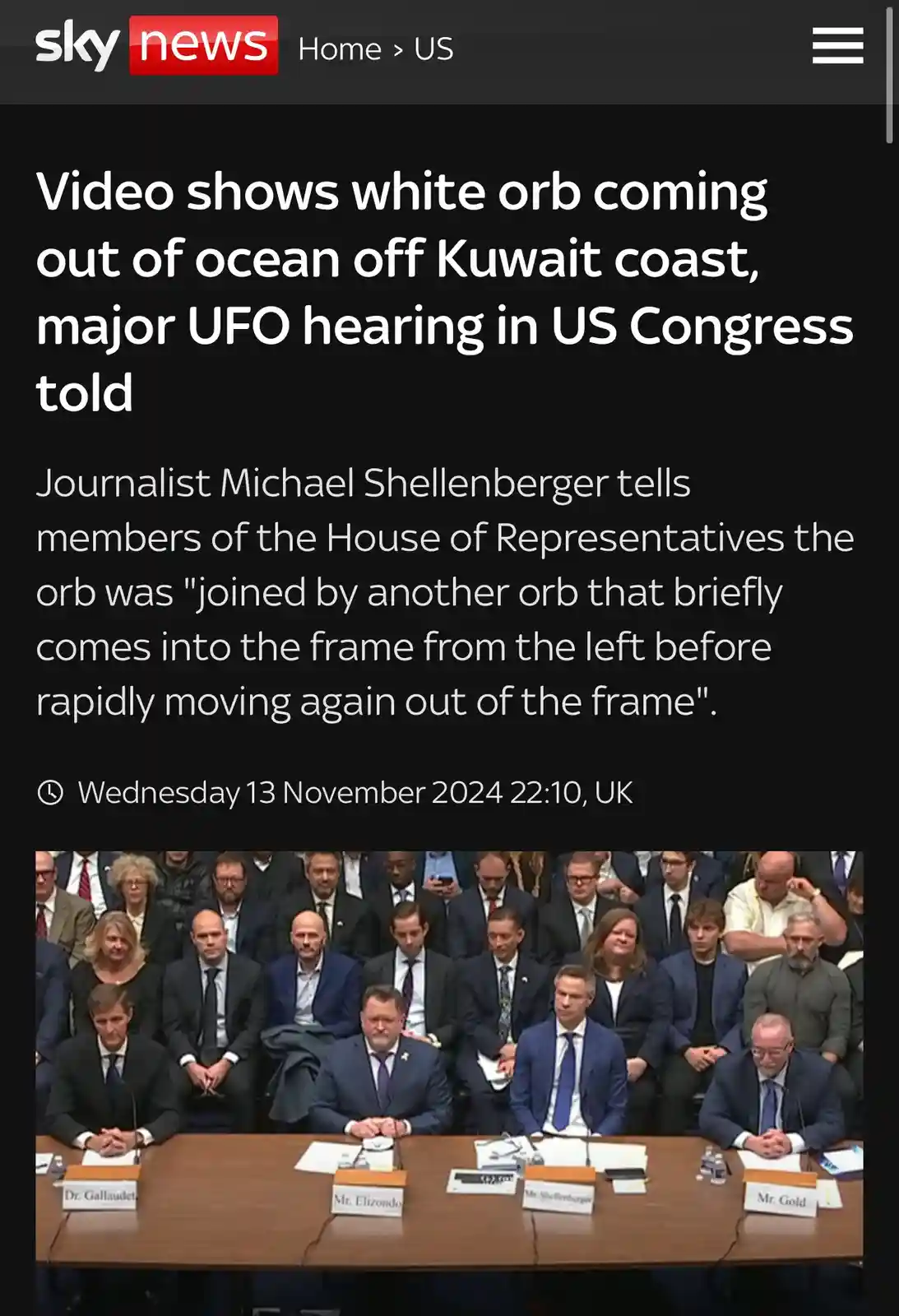A screenshot of a Sky News article about a UFO sighting off Kuwait's coast, featuring a photo of a congressional hearing…