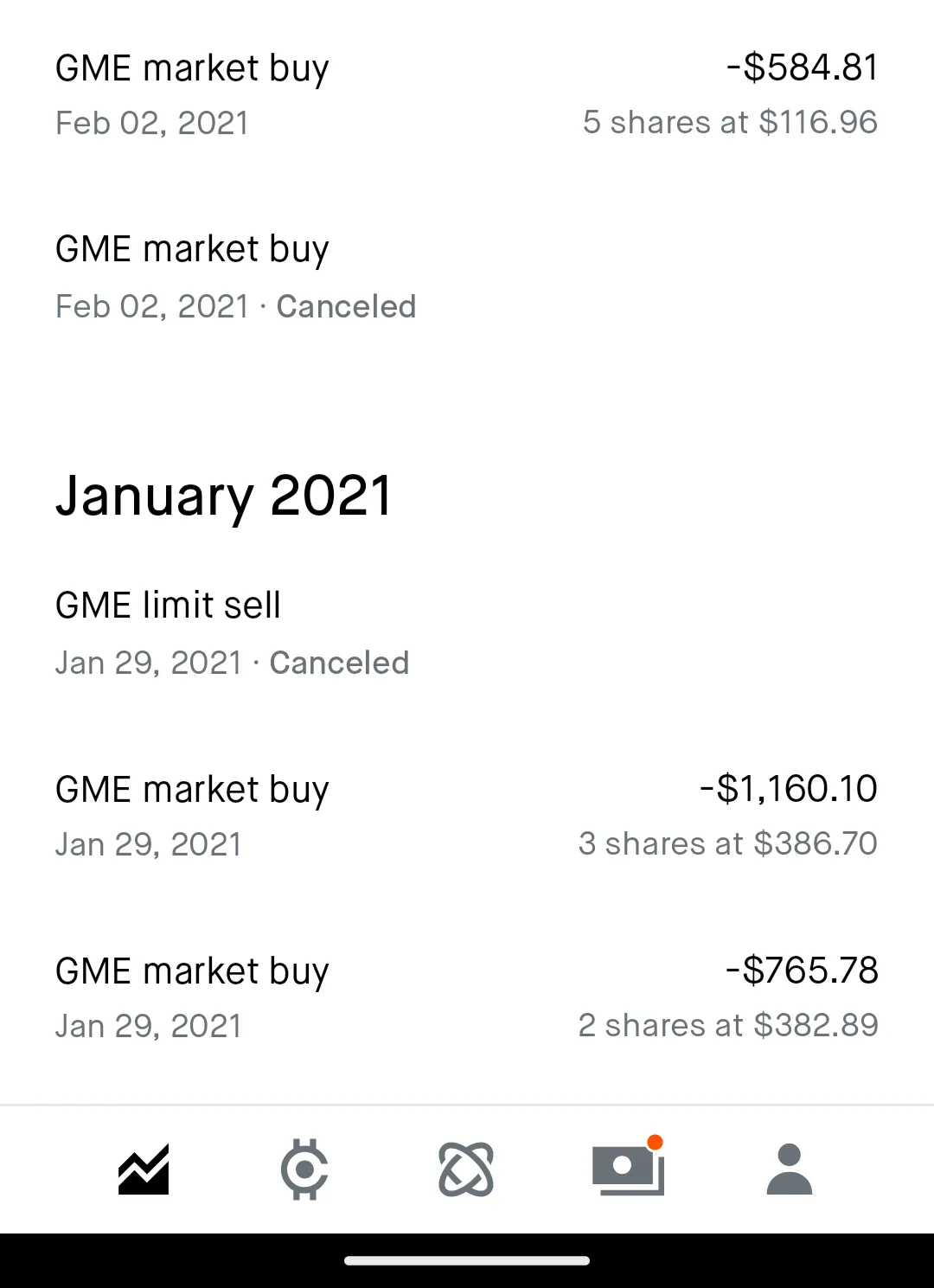A screenshot of a stock trading app showing multiple buy orders for GameStop (GME) shares in January and February 2021, with…