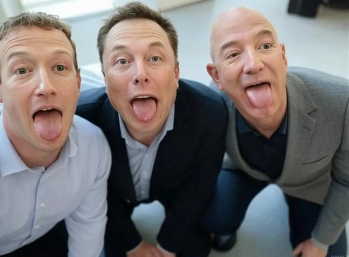 Three men, identified as Mark Zuckerberg, Elon Musk, and Jeff Bezos, are captured in a low-angle selfie, all sticking their…