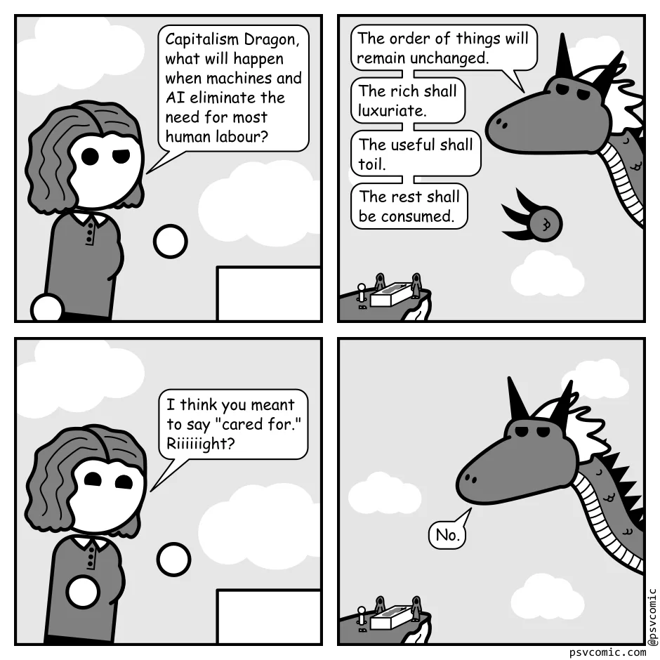 A four-panel comic shows a woman asking a dragon named 'Capitalism Dragon' about the future of labor under AI. The dragon…