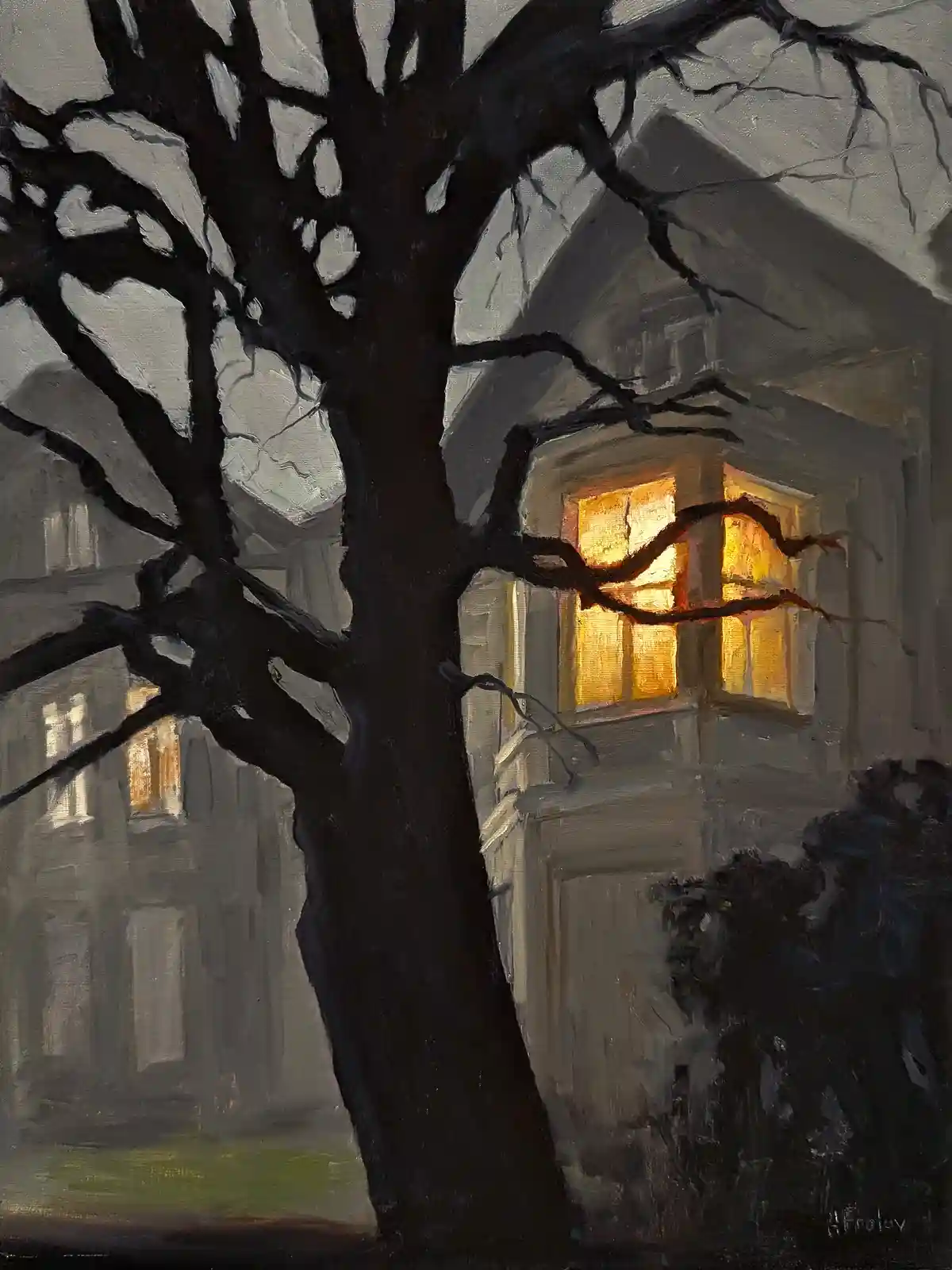 A moody oil painting depicts a dark, leafless tree silhouetted against a gray house at night, with a single warmly lit…