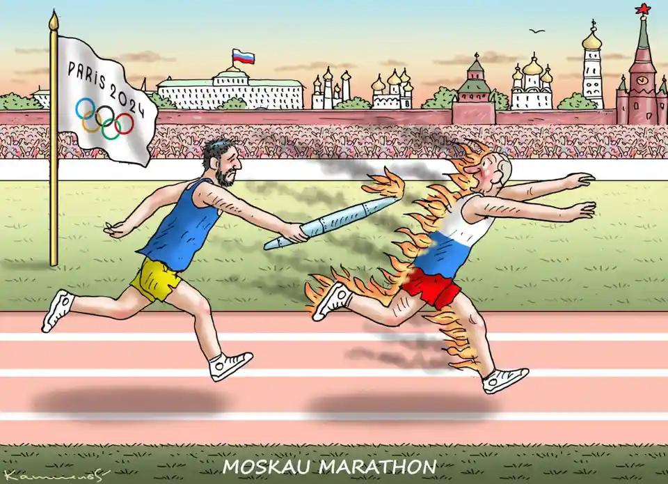 A cartoon depicts two runners on a track; one hand-delivers a flaming rocket to the other, who is engulfed in flames. The…
