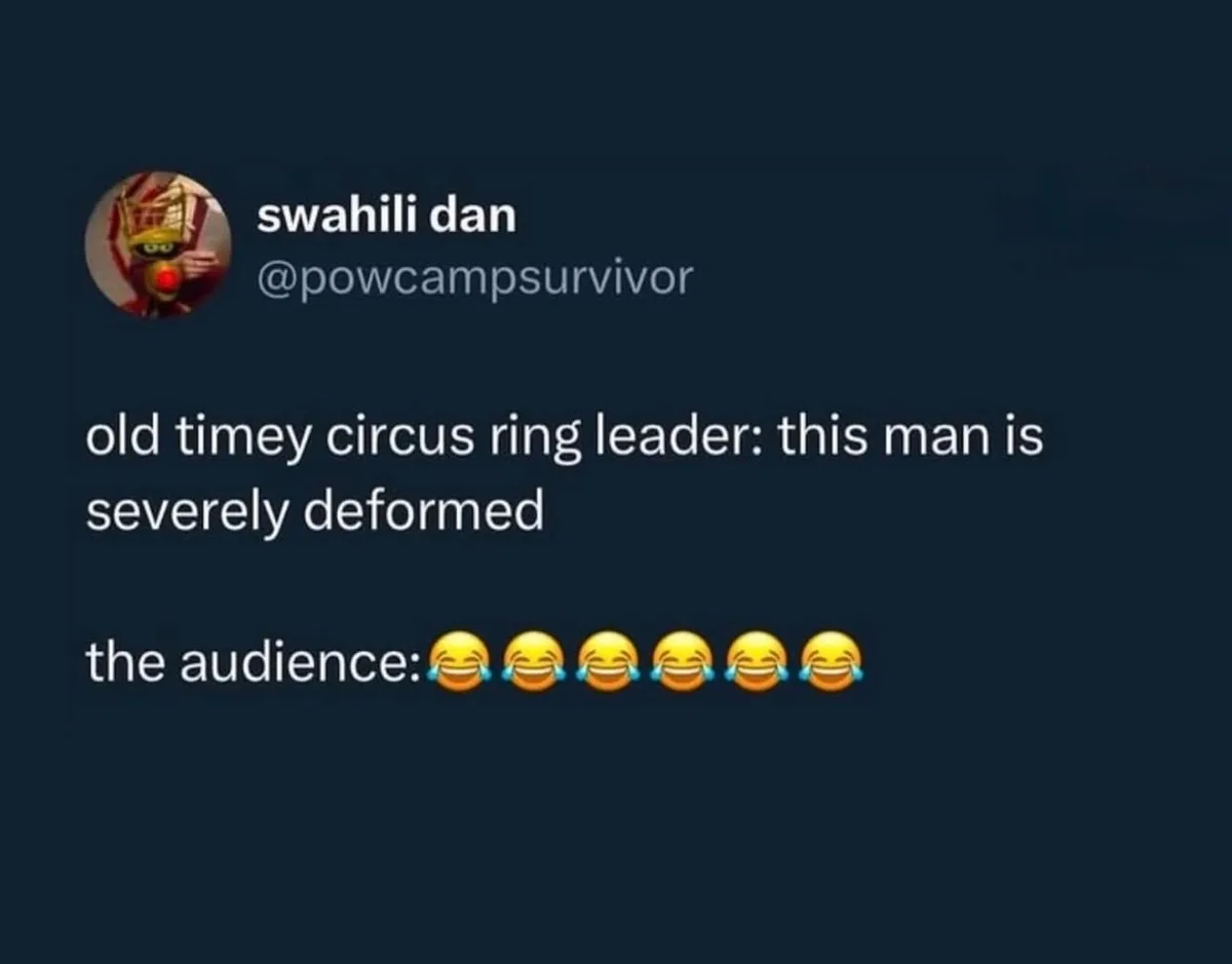 A screenshot of a tweet by 'swahili dan' (@powcampsurvivor) showing text that reads 'old timey circus ring leader: this man…