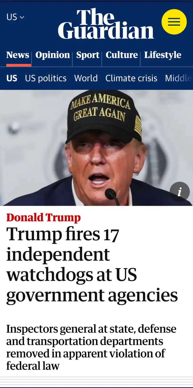 The image shows a screenshot of The Guardian's news website with a headline about Donald Trump firing 17 independent…