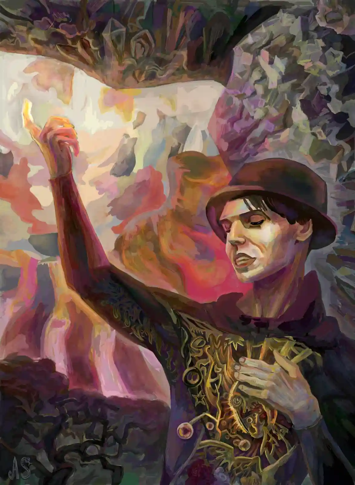 A stylized painting depicts a person in a dark hat and ornate, golden-embroidered dark clothing, one hand raised as if…