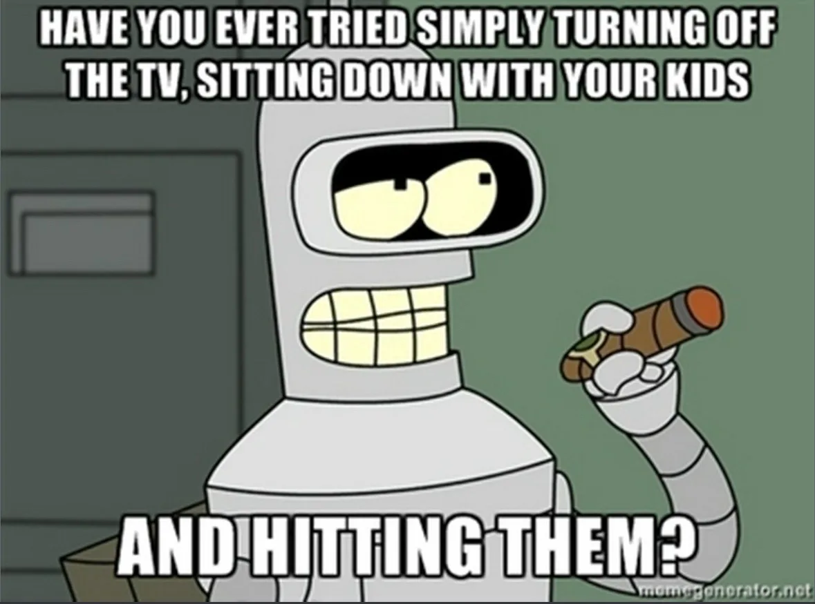 A cartoon robot with a smug expression and a cigar in its hand, overlaid with text asking if anyone has tried turning off…