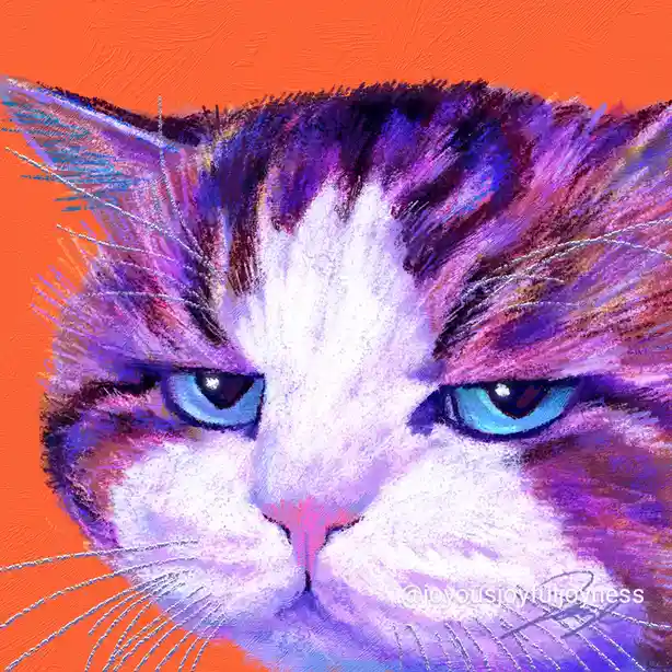 A stylized digital painting of a cat's face with intense blue eyes, purple and white fur, and an orange background…