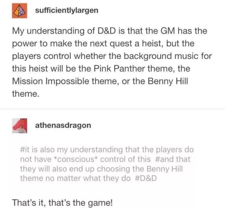 A screenshot of a Reddit thread where user 'sufficientlylargen' humorously describes Dungeons & Dragons as a game where the…