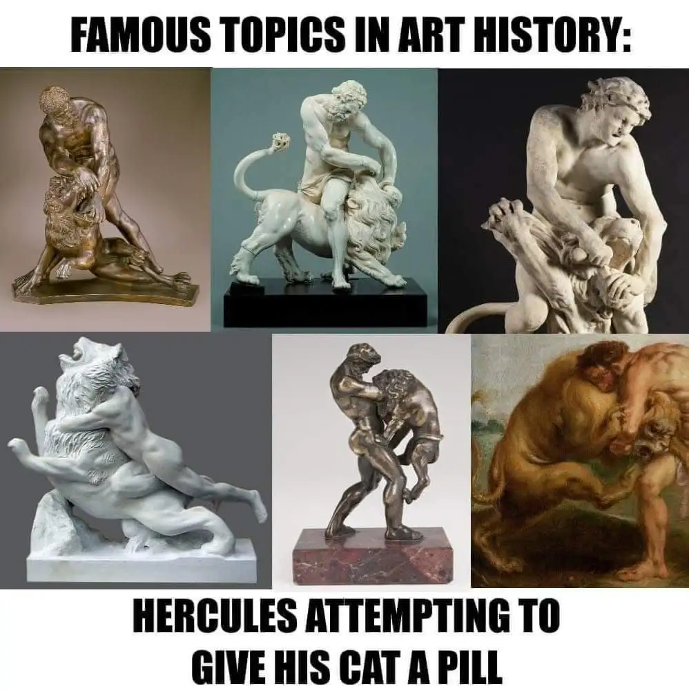 The image displays six famous artworks depicting the mythological hero Hercules wrestling or battling a lion. The top banner…